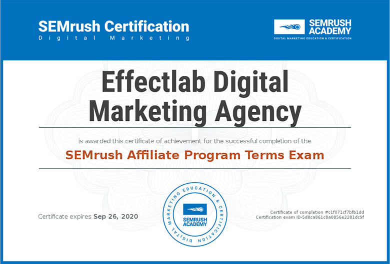 Effectlab Certificate Semrush Affiliate Program Terms Exam