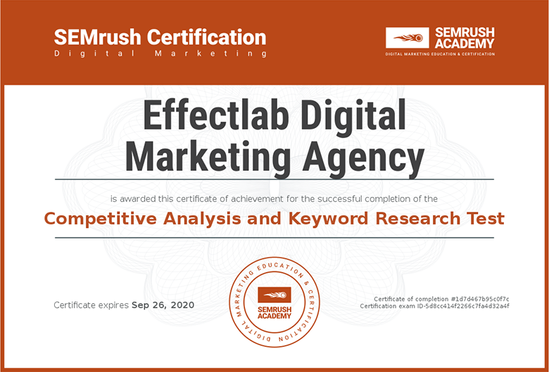 Effectlab Certificate Semrush Competitive Analysis and Keyword Research Test