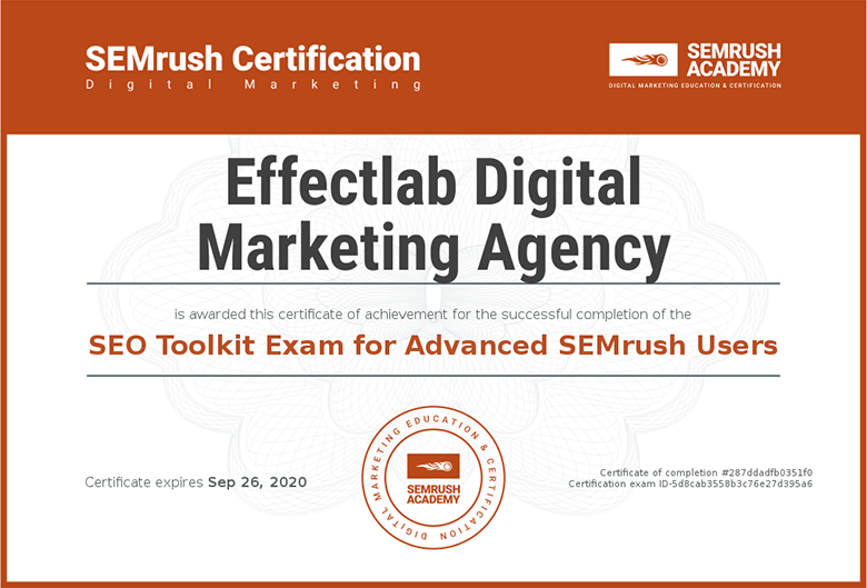 Effectlab Certificate Semrush Seo Toolkit Exam for Advanced Semrush Users