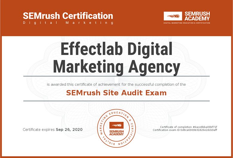 Effectlab Certificate Semrush Site Audit Exam